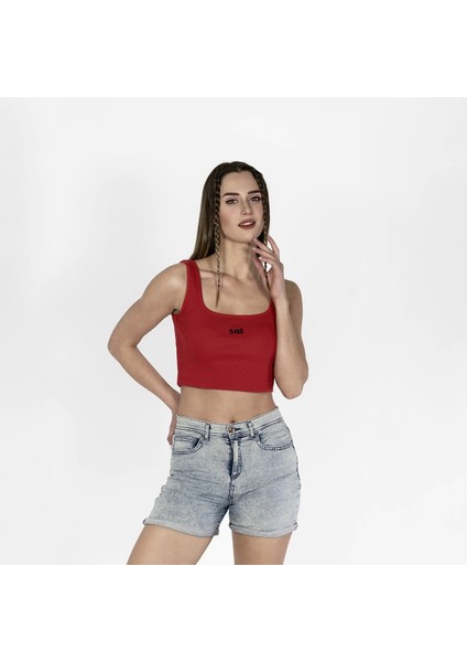 Geniş Askılı Nakışlı Kaşkorse Kadın Kırmızı Crop