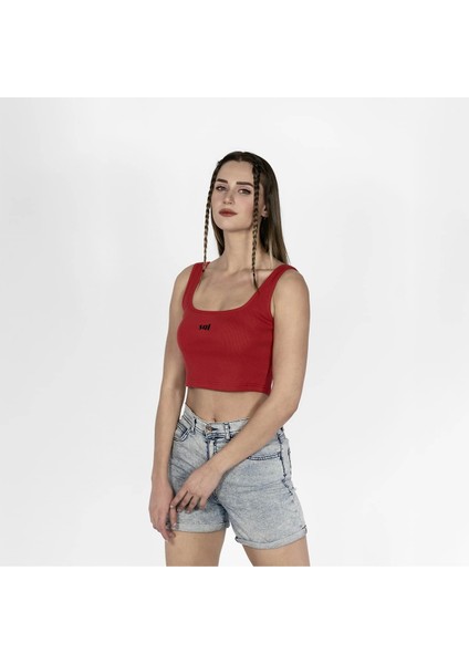 Geniş Askılı Nakışlı Kaşkorse Kadın Kırmızı Crop