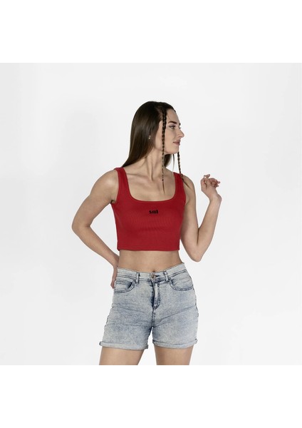 Geniş Askılı Nakışlı Kaşkorse Kadın Kırmızı Crop