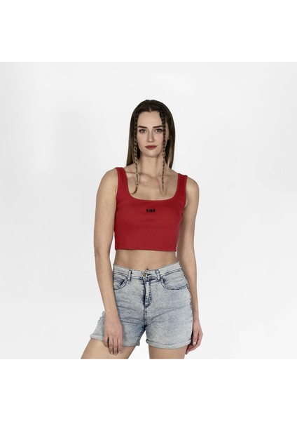 Geniş Askılı Nakışlı Kaşkorse Kadın Kırmızı Crop