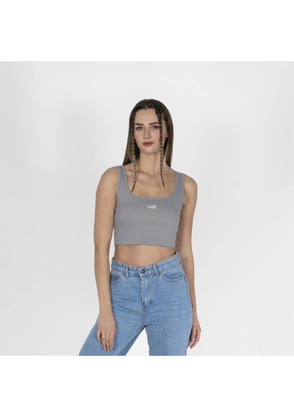 Geniş Askılı Nakışlı Kaşkorse Kadın Gri Crop