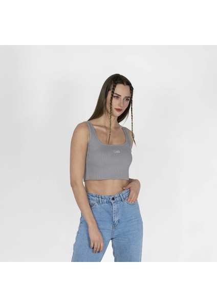 Geniş Askılı Nakışlı Kaşkorse Kadın Gri Crop