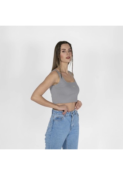 Geniş Askılı Nakışlı Kaşkorse Kadın Gri Crop