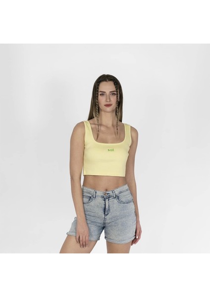 Geniş Askılı Nakışlı Kaşkorse Kadın Açık Sarı Crop