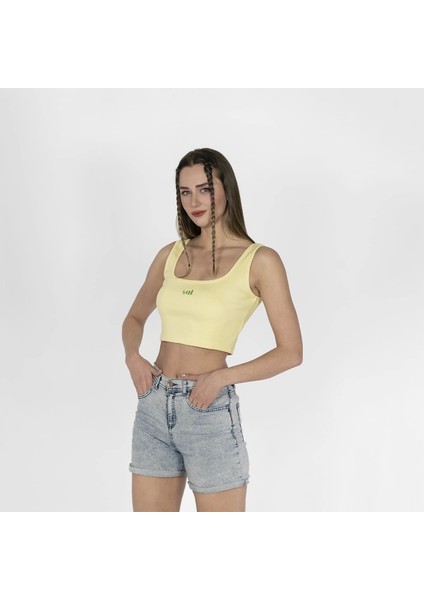 Geniş Askılı Nakışlı Kaşkorse Kadın Açık Sarı Crop