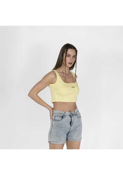 Geniş Askılı Nakışlı Kaşkorse Kadın Açık Sarı Crop