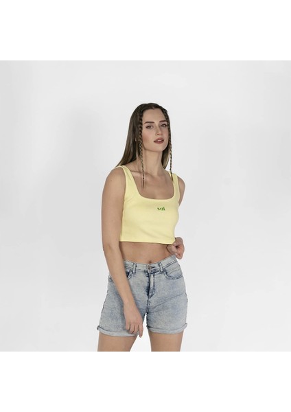 Geniş Askılı Nakışlı Kaşkorse Kadın Açık Sarı Crop