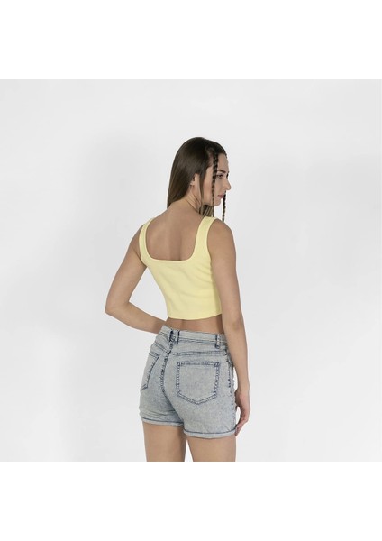 Geniş Askılı Nakışlı Kaşkorse Kadın Açık Sarı Crop