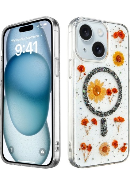 iPhone 13 Kılıf Daisy Simli Çiçek Desenli Magsafeli Kapak