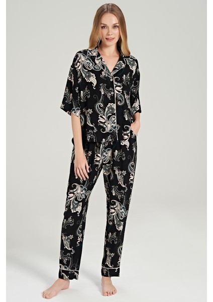 Kadın Kısa Kol Önden Düğmeli Dokuma Siyah Pijama Takım C0T1N0O5