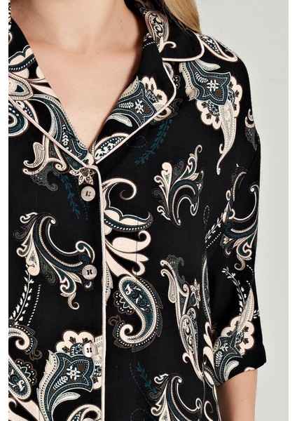 Kadın Kısa Kol Önden Düğmeli Dokuma Siyah Pijama Takım C0T1N0O5