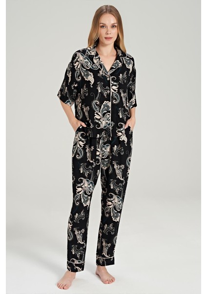 Kadın Kısa Kol Önden Düğmeli Dokuma Siyah Pijama Takım C0T1N0O5