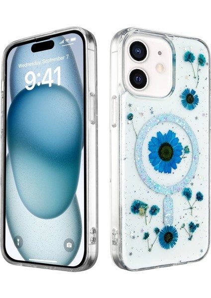 iPhone 12 Kılıf Daisy Simli Çiçek Desenli Magsafeli Kapak