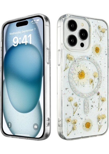 iPhone 15 Pro Max Kılıf Daisy Simli Çiçek Desenli Magsafeli Kapak