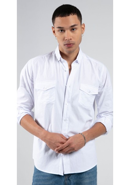 Erkek Çift Cep Kapaklı Slim Fit %100 Pamuk Gömlek