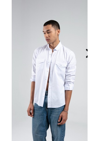 Erkek Çift Cep Kapaklı Slim Fit %100 Pamuk Gömlek