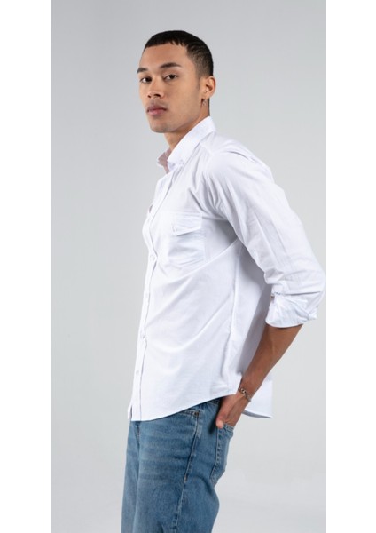 Erkek Çift Cep Kapaklı Slim Fit %100 Pamuk Gömlek