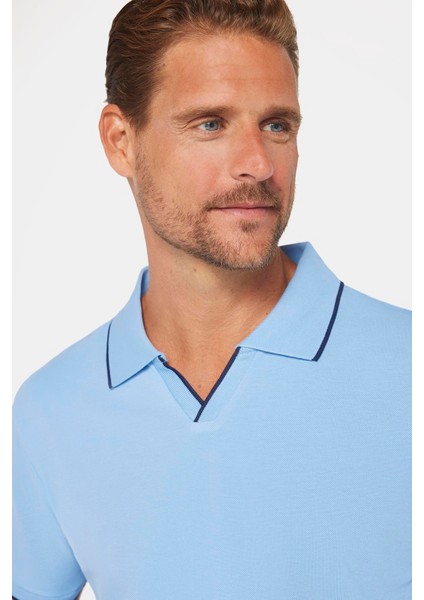 Erkek Slim Fit Dar Kesim Pamuk Düz Pike Düğmesiz Mavi Polo Yaka Tişört