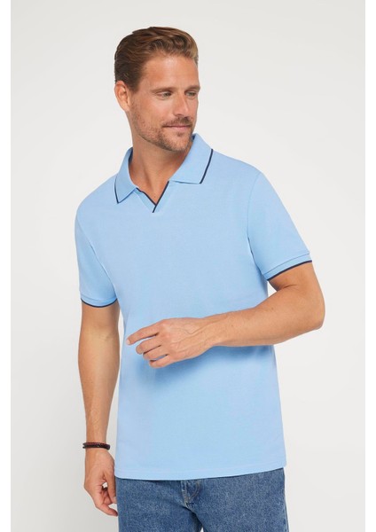 Erkek Slim Fit Dar Kesim Pamuk Düz Pike Düğmesiz Mavi Polo Yaka Tişört