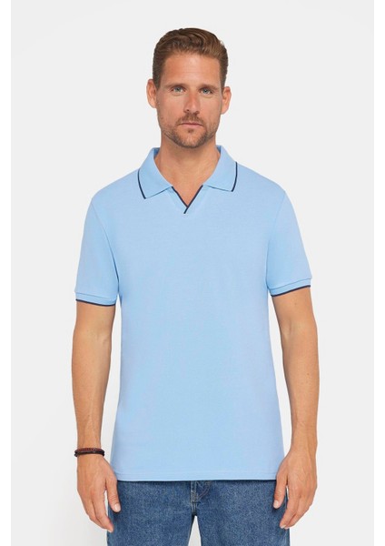 Erkek Slim Fit Dar Kesim Pamuk Düz Pike Düğmesiz Mavi Polo Yaka Tişört