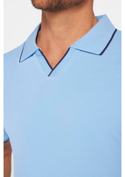 Erkek Slim Fit Dar Kesim Pamuk Düz Pike Düğmesiz Mavi Polo Yaka Tişört