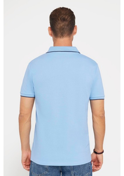 Erkek Slim Fit Dar Kesim Pamuk Düz Pike Düğmesiz Mavi Polo Yaka Tişört