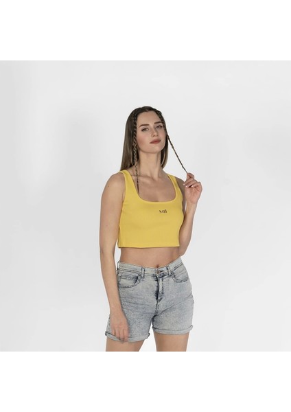 Geniş Askılı Nakışlı Kaşkorse Kadın Sarı Crop