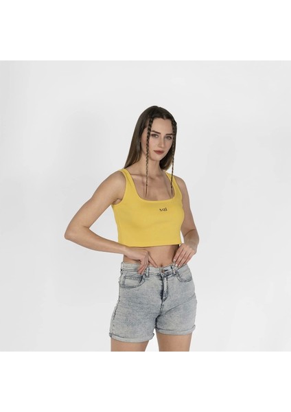 Geniş Askılı Nakışlı Kaşkorse Kadın Sarı Crop
