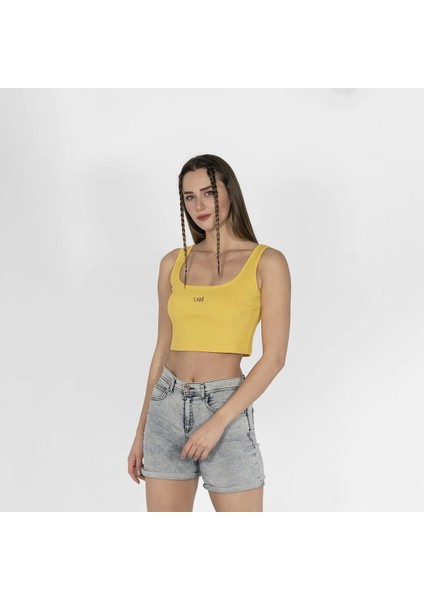Geniş Askılı Nakışlı Kaşkorse Kadın Sarı Crop