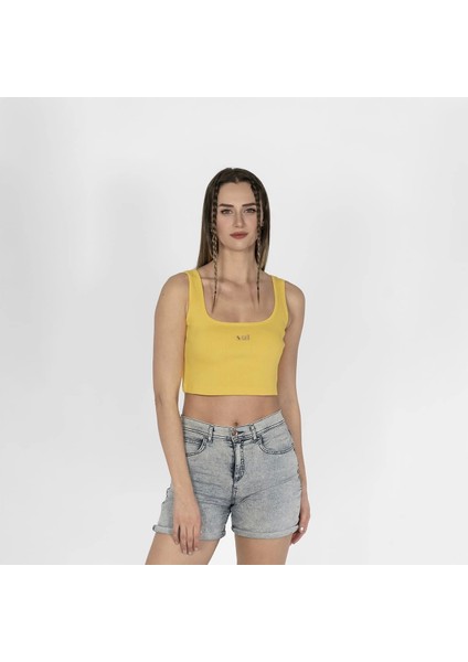 Geniş Askılı Nakışlı Kaşkorse Kadın Sarı Crop