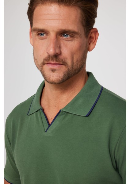 Erkek Slim Fit Dar Kesim Pamuk Düz Pike Düğmesiz Haki Polo Yaka Tişört