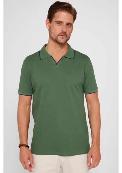 Erkek Slim Fit Dar Kesim Pamuk Düz Pike Düğmesiz Haki Polo Yaka Tişört fiyatları