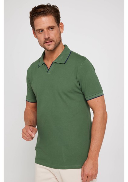 Erkek Slim Fit Dar Kesim Pamuk Düz Pike Düğmesiz Haki Polo Yaka Tişört modelleri
