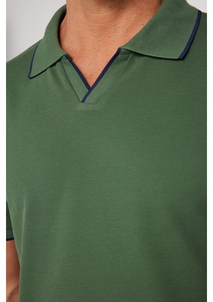 Erkek Slim Fit Dar Kesim Pamuk Düz Pike Düğmesiz Haki Polo Yaka Tişört fırsatları