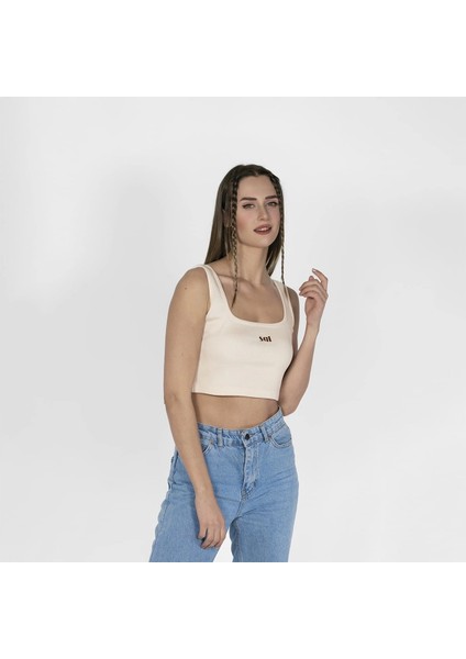 Geniş Askılı Nakışlı Kaşkorse Kadın Kırık Beyaz Crop