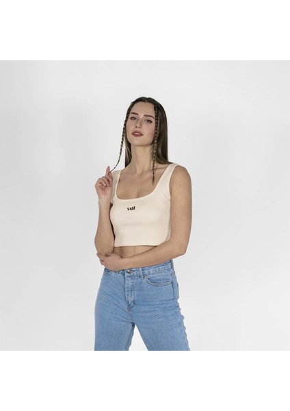 Geniş Askılı Nakışlı Kaşkorse Kadın Kırık Beyaz Crop modelleri