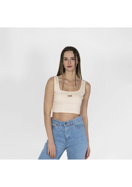 Geniş Askılı Nakışlı Kaşkorse Kadın Kırık Beyaz Crop fırsatları