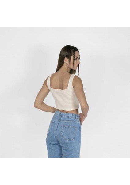 Geniş Askılı Nakışlı Kaşkorse Kadın Kırık Beyaz Crop indirimleri