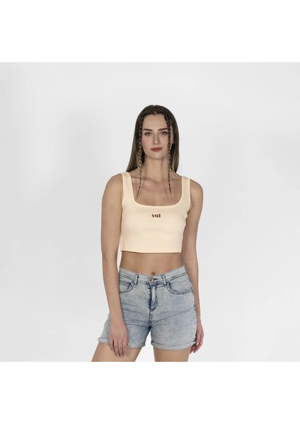 Geniş Askılı Nakışlı Kaşkorse Kadın Ekru Crop