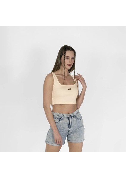 Geniş Askılı Nakışlı Kaşkorse Kadın Ekru Crop