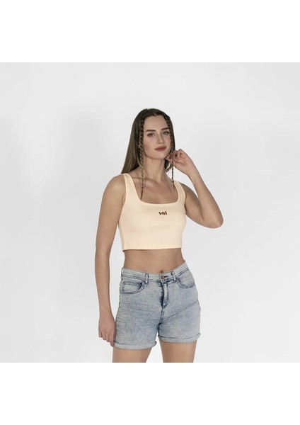 Geniş Askılı Nakışlı Kaşkorse Kadın Ekru Crop