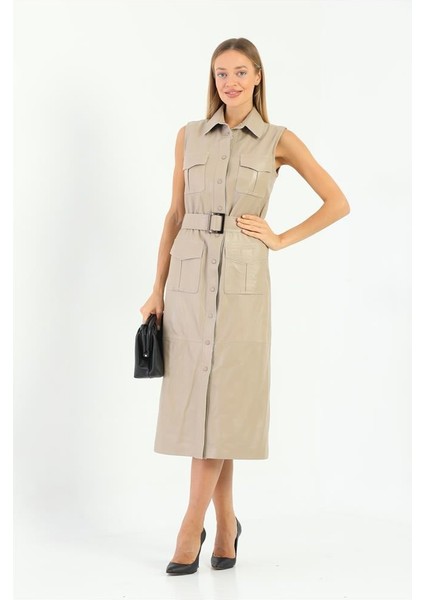 Cep ve Kemer Detaylı Kadın Deri Elbise - Bej