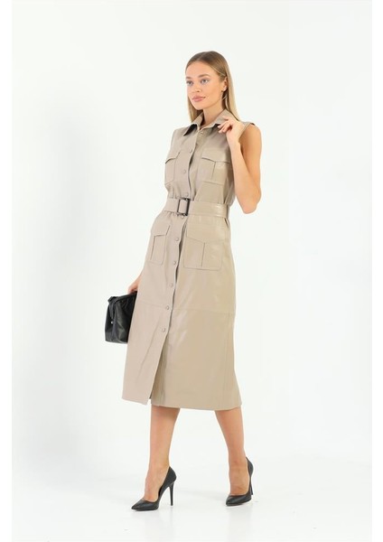 Cep ve Kemer Detaylı Kadın Deri Elbise - Bej fiyatları