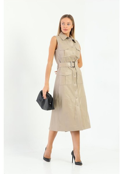 Cep ve Kemer Detaylı Kadın Deri Elbise - Bej modelleri