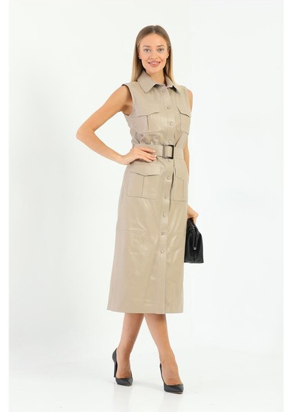 Cep ve Kemer Detaylı Kadın Deri Elbise - Bej fırsatları