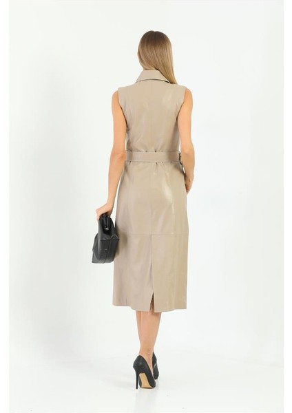 Cep ve Kemer Detaylı Kadın Deri Elbise - Bej indirimleri