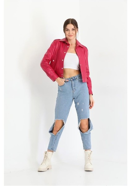 Cep ve Düğme Detaylı Kadın Deri Ceket Pembe