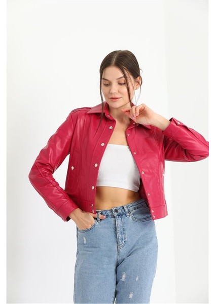 Cep ve Düğme Detaylı Kadın Deri Ceket Pembe fiyatları