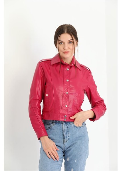 Cep ve Düğme Detaylı Kadın Deri Ceket Pembe fırsatları