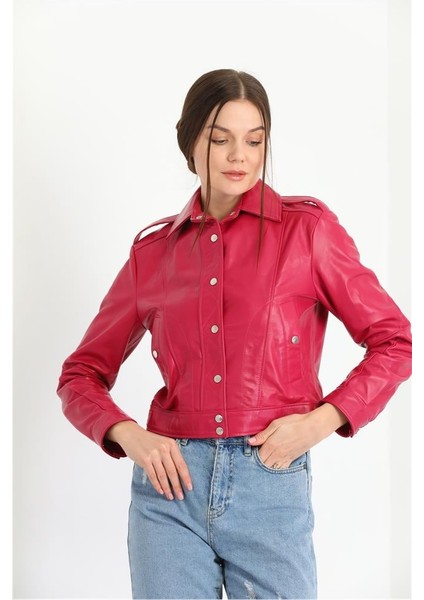 Cep ve Düğme Detaylı Kadın Deri Ceket Pembe indirimleri